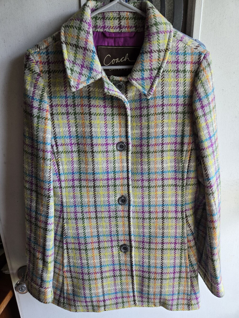 Coach Tattersall Multicolor Plaid Wool-Blend Pea Coat with Purple Lining EUC